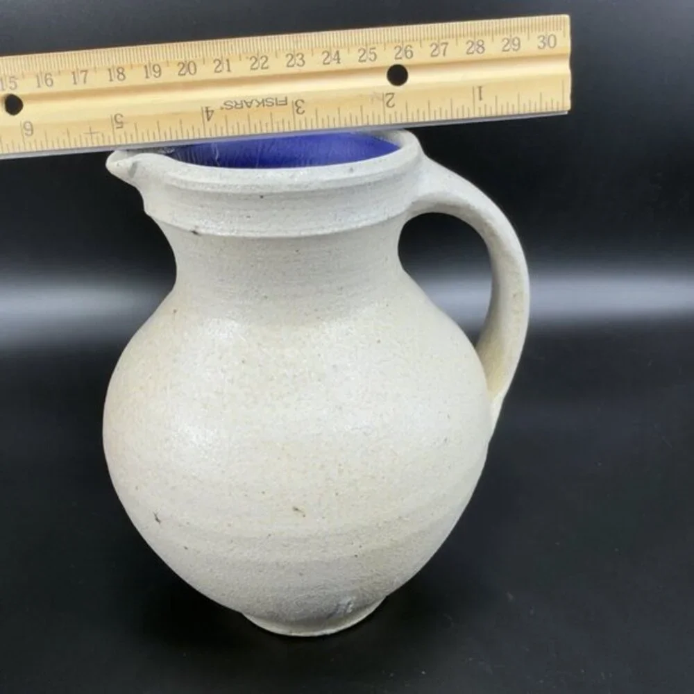 Kings Pottery‎ Seagrove NC Gray W Blue Inside Pitcher Carafe Jug Artist Marked